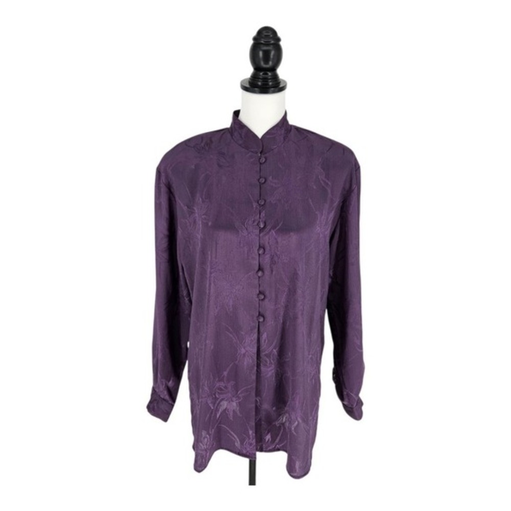 VTG Y2K TESS Button Down Blouse Women‎ M Purple Floral Jacquard Mandarin Collar
